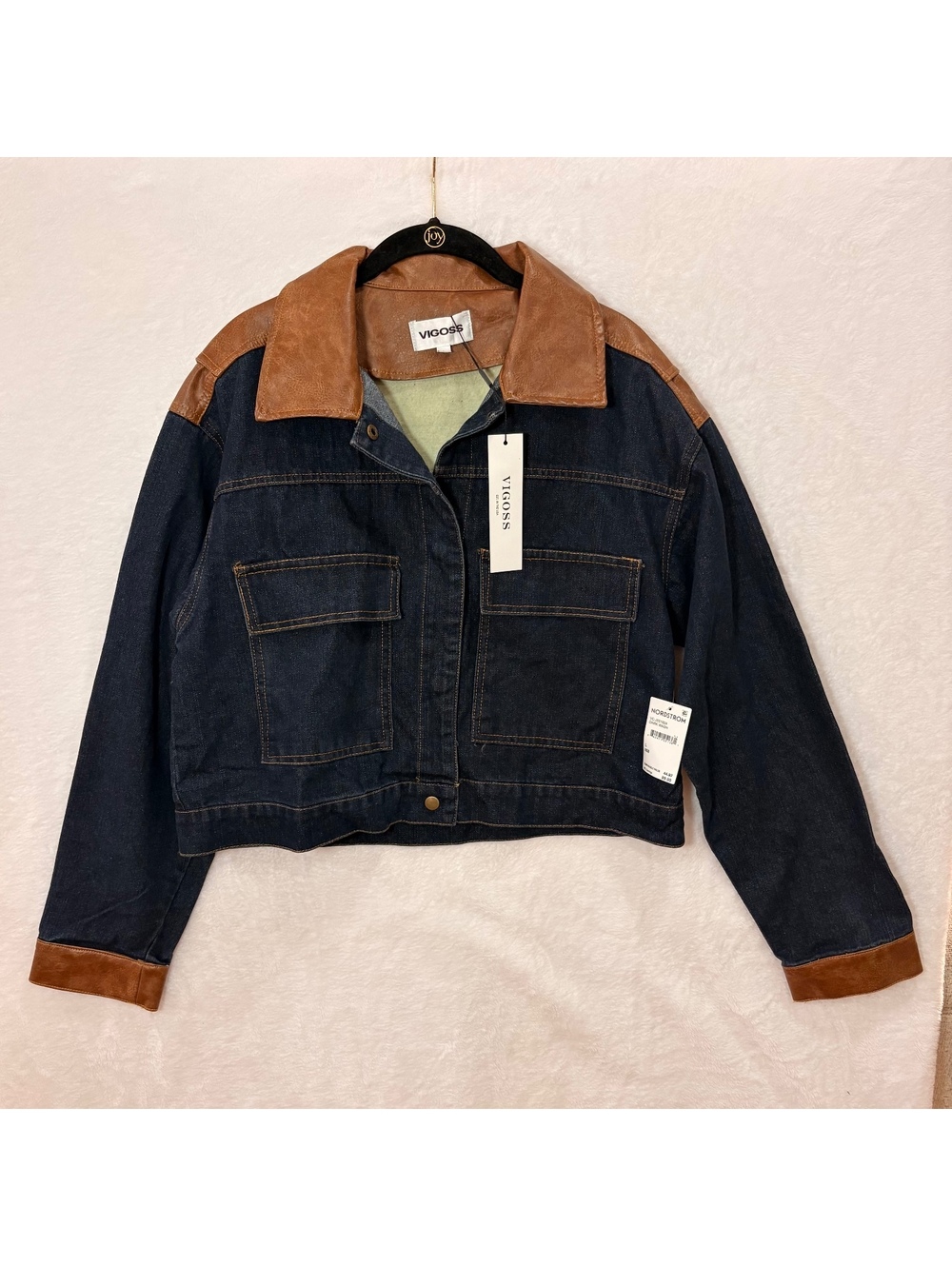Vigoss Denim Jacket Women’s Size L NWT Dark Wash Faux Leather Trim Western Retro